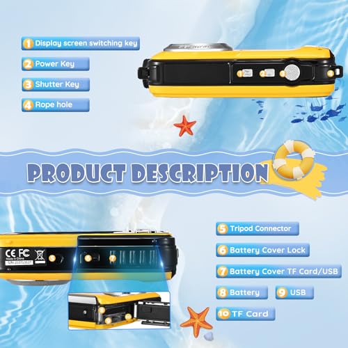 Cámara Digital Impermeable,Couleeur Full HD 2.7K 48MP Doble Pantalla Anti Shake con micrófono LED Disparador automático y Zoom Digital 16X para niños Adolescentes (Amarillo)