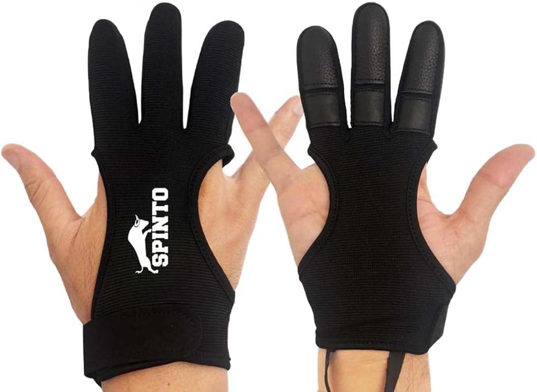 SPINTOFITNESS Genuine Leather Archery Glove - 3-Finger Recurve Bow Protector, Adjustable Fit for Men, Women & Youth