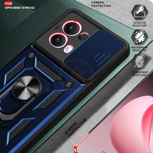 Image of Armor Bumper Back Cover Case for Oppo Reno 13 Pro 5G | Rotating Camera Cover, Ring Holder & Kickstand | Heavy Duty & 360 Degree Protection Oppo Reno 13 Pro 5G Back Cover (Blue)
