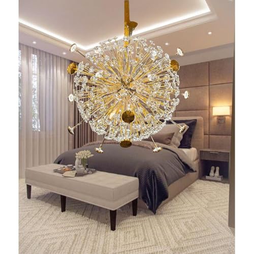 Image of DREAMY DESIGNS Modern Crystal Sphere /Sputnik Chandelier | Firework Glass Pendant Light, Big Size Jhumar, Gold Starburst Flower Ceiling for Living Room, Dining, Bedroom, Hall, Home Decor(Corona Shape)