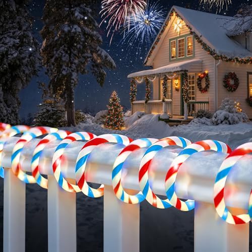 Jnaurb Christmas Candy Cane Lights, 33ft 240 LED Connectable White & Red & Blue Candy Cane Rope Lights for Outside, 8 Modes Waterproof LED Christmas Light for Garden Patio Tree Holiday Party Decor