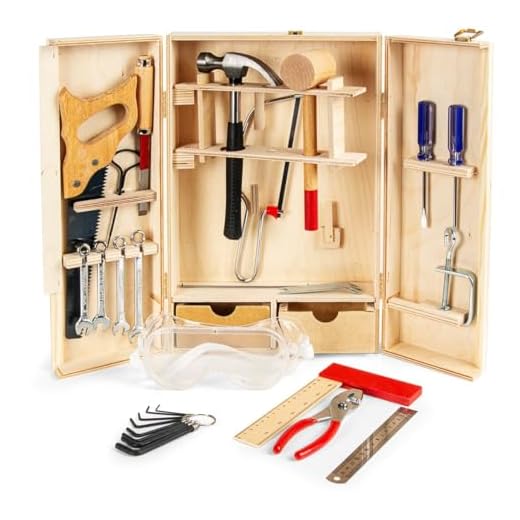 Leomark Deluxe Werkzeug für Kinder - 30-TLG - Holz Werkzeugkasten, Kompakter Werkzeugkoffer, Holzschrank mit Werkzeug, Holzkiste mit Zubehör
