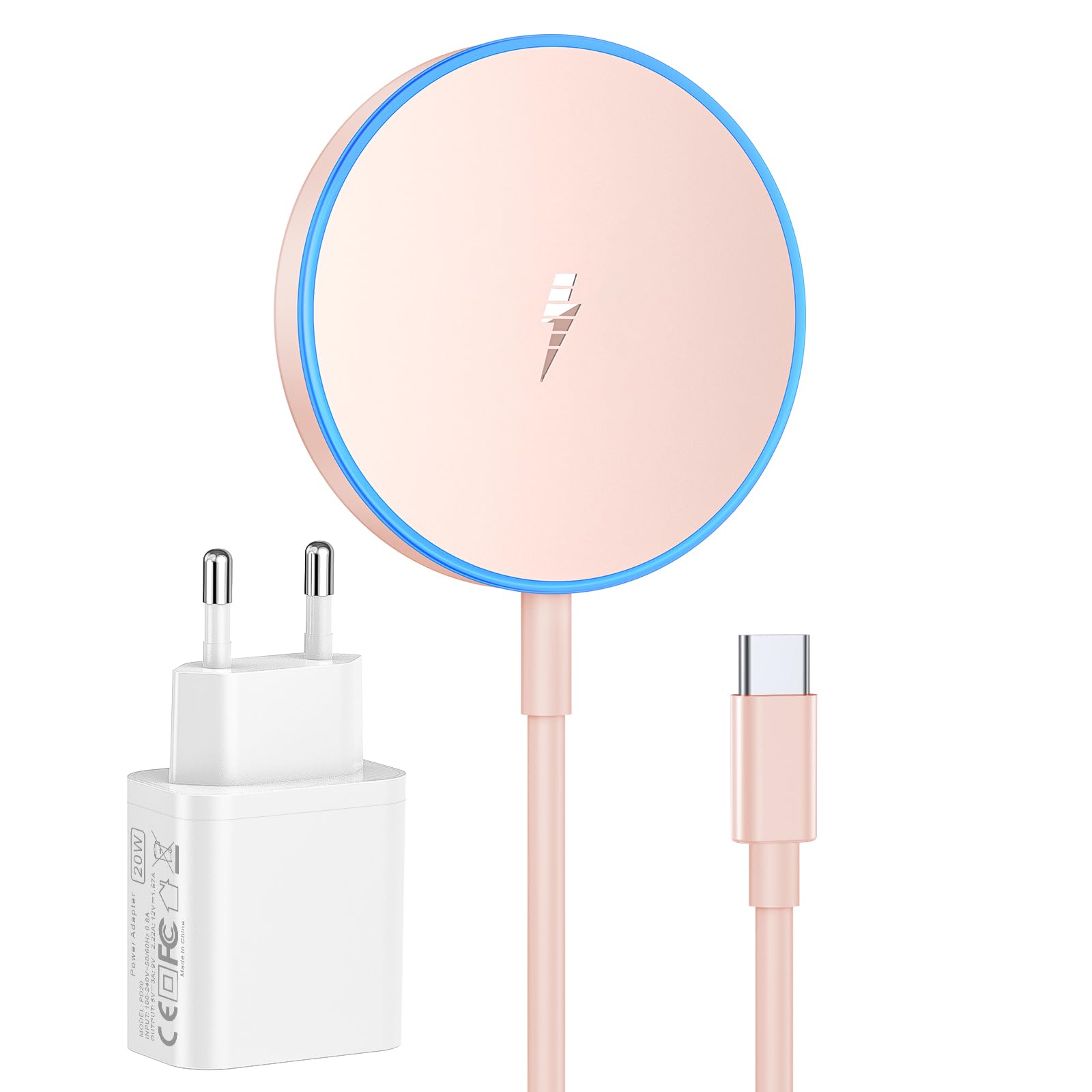für MagSafe Ladegerät iPhone mit 20W Schnelles Adapter, Wireless Charger induktive ladestation für iPhone 17/16/15/14/13/12 Serie&Ohrhörer 4-2Pro,LED kabelloses ladegerät inkl. Netzteil und Kabel