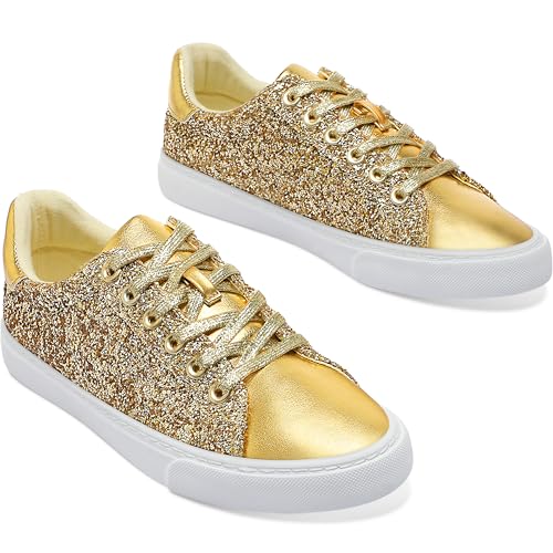 AISFAES Glitter Sneakers Sparkly Low Top Sequins Sneakers Lace Up Tennis Shoes Comfort Bling Shoes Fashion Shiny Walking Shoes(Gold Glitter,10 Women/8 Men)