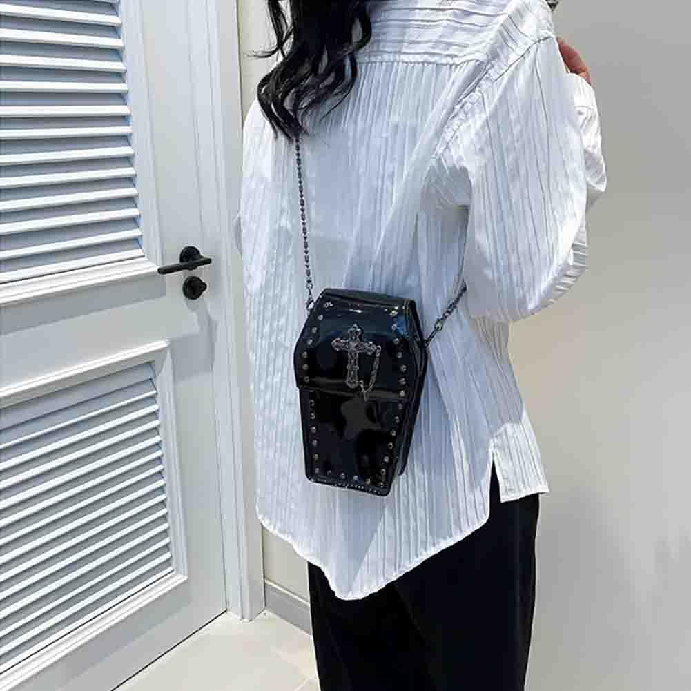 Gothic Rivet Coffin Shape Crossbody Bag, Women’s Studded Cross Transparent Shoulder Bag, Novelty Vintage Punk Phone Purse