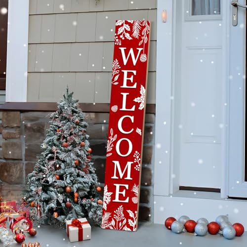 Christmas Porch Sign Xmas Welcome Sign Vertical Standing Sign For Front Porch Decor Farmhouse Wall Hanging for Patio Yard Party Indoor Outdoor Winter Holiday Decoration 47.2"H Red
