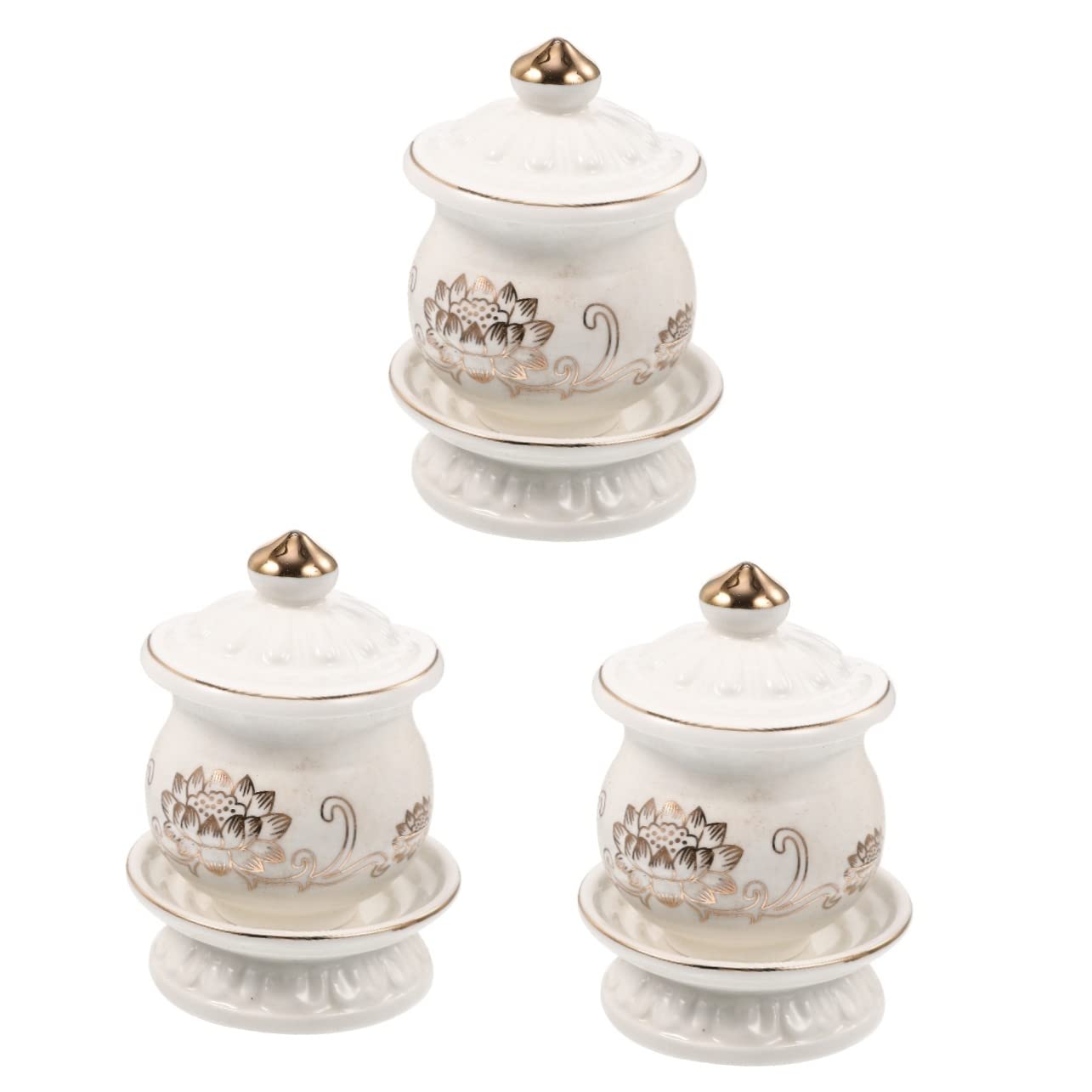 ARTIBETTER 3pcs buddha worship cup with lid water offering cup holy water Buddhist Water Cup Ritual Offering Cup lotus offering water mug temple offering bowl lotus cup Tibetan ceramics white