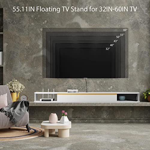 Bixiaomei Floating Tv Unit, 55'' Wall Mounted Tv Cabinet, Floating Shelves With Door, Modern Matte Entertainment Media Console Center Large Storage Tv Bench For Living Room & Office (55.11In, White) #TOP3