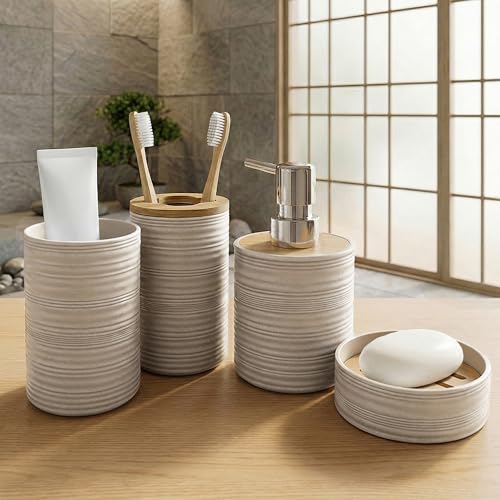 Image of Story@Home 4 Pieces Bathroom Accessories Set - Brown | Toothbrush Holder, Soap Dispenser, Mouth Wash Cup & Soap Dish for Home Kitchen & Bathroom | Bathroom Essentials for Offices