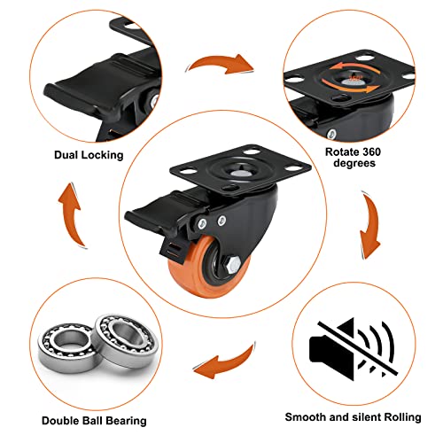 2 Charger les roues de roulette de pouce 600 Lbs, Roulettes en polyuréthane orange, Roues pivotantes de la plaque supérieure, Roulette 4, Roulettes de verrouillage pour meubles et travail,4 Roulettes avec frein