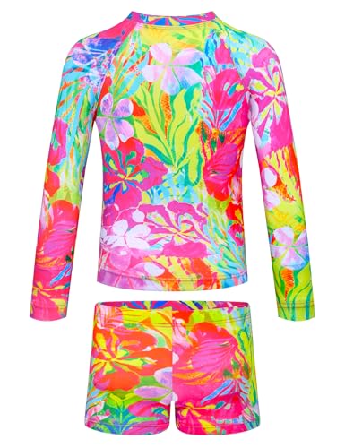 Image of TENVDA Girls Rash Guard Swimsuit Long Sleeve Bathing Suits with Shorts for 3-12 Years Old Kids
