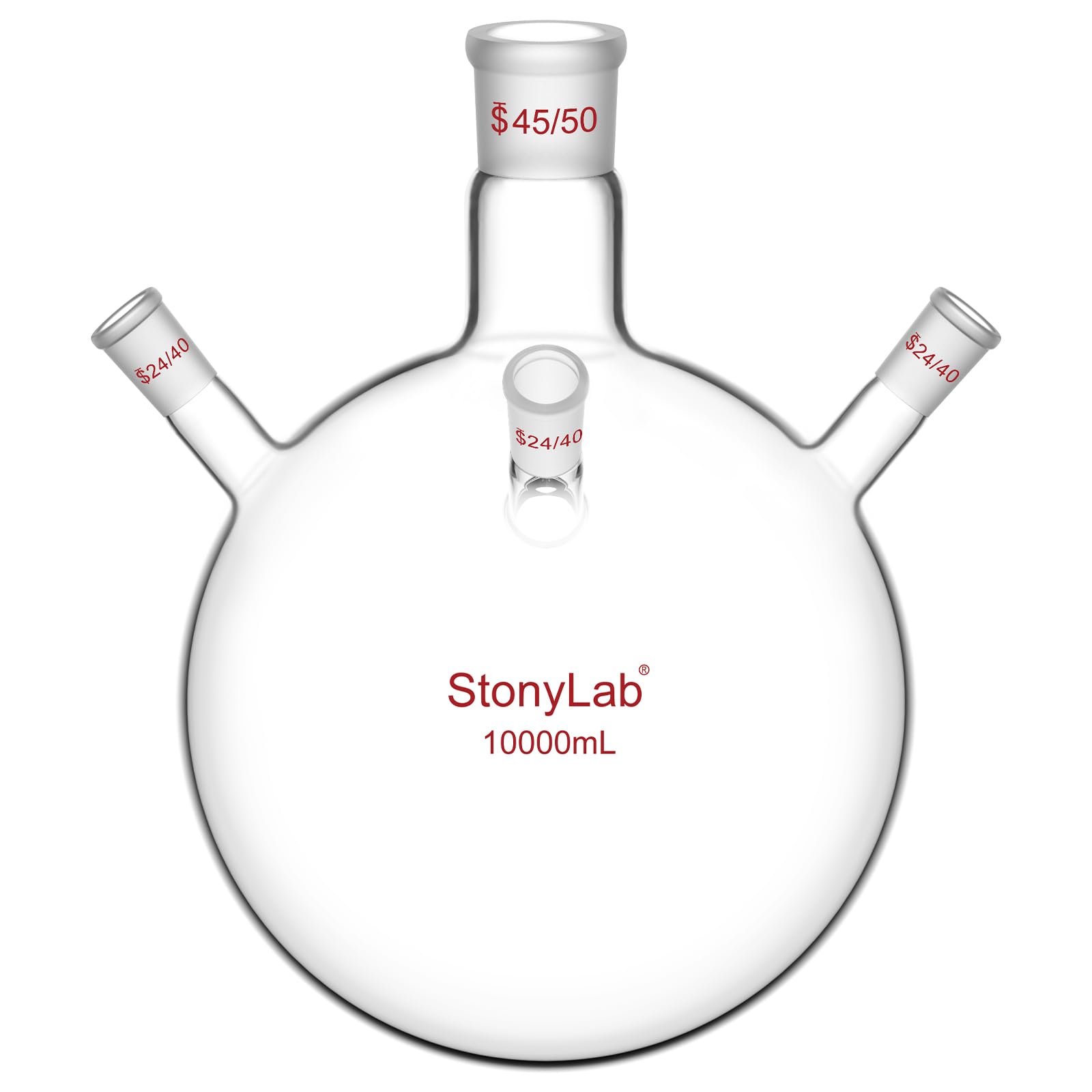 stonylab Matraz de Ebullición Redondo de 4 Cuellos, 10 L, RBF de Vidrio Borosilicato de Pared Gruesa con Conexión Central 45/50 y Conexiones Laterales 24/40, para Destilación en Laboratorio