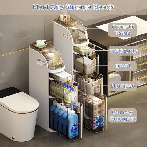 EOGILY Slim Bathroom Storage Cabinet, Narrow Bathroom Storage Organizer, Waterproof Narrow Floor Cabinet with Wheels and Tissue Box, for Small Spaces, Laundry, Kitchen, Office (4-Tiers)