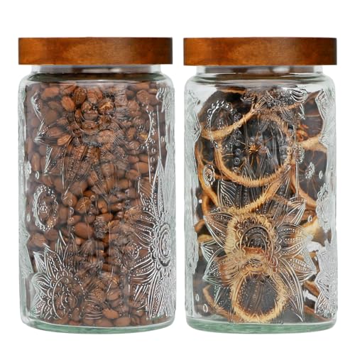 Brajttt Glass Storage Jar with Wooden Lids Glass Jar 33oz, 2Pcs Vintage Food Containers Canisters Sets for Kitchen Counter Pantry, Sugar, Flour, Candy, Tea, Coffee Beans, Oats