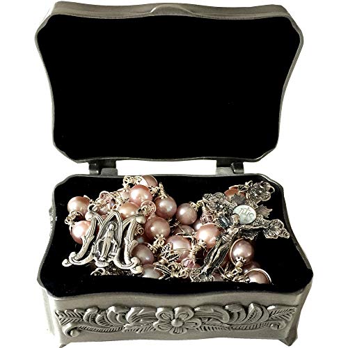 elegantmedical Handmade Wire Wraped Bali 925 Sterling Silver AAA+ 8-9mm Real Purple Pearl Beads Catholic Rosary Necklace Cross Crucifix Box