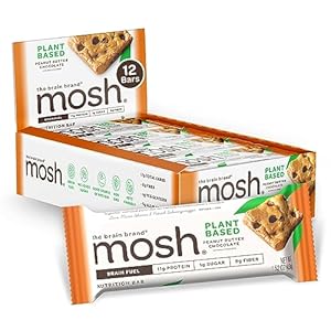 MOSH Peanut Butter Chocolate Plant Based Protein Bars, 12pk, Keto Snack, Gluten-Free, No Added Sugar, 11g Plant Based Protein, Lion’s Mane, B12 Vitamins, Supports Brain Health, Breakfast To-Go