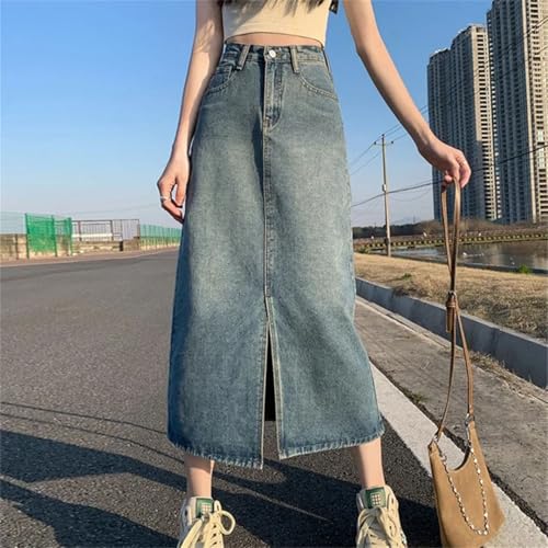 Women Summer High-Waist Slit Denim Skirt Washed Retro A- Line Solid Straight Long Skirt3