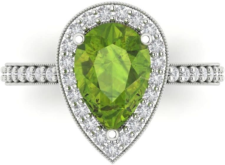 2.36 ctw Women's Engagement Ring | 18K White Gold | 10x7mm Pear Cut Natural Peridot Halo Anniversary Bridal Promise Ring