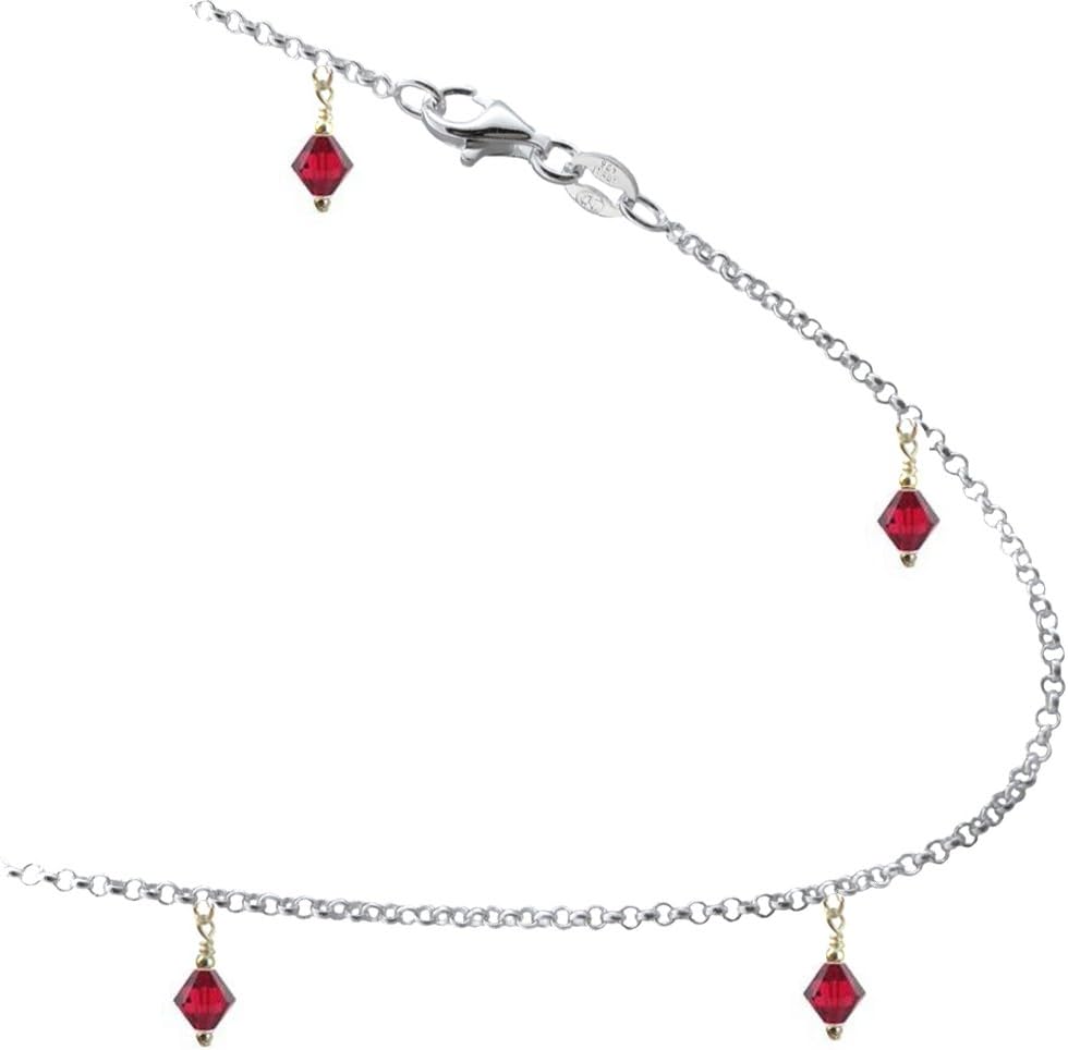 JOSCO Siam Colored Red Crystals with .925 Sterling Silver Link Anklet, Bracelet. 7,8,9,10,11,12,13 Inches