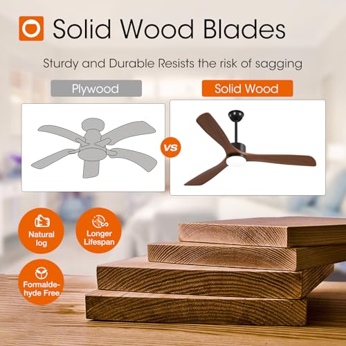 Image of addlon 60 Inch Solid Wood Ceiling Fans with Lights and Remote Control | 3CCT dimmable light, quiet reversible DC motor, 6 speeds, memory, timer; bedrooms, living rooms, covered patios and gazebos
