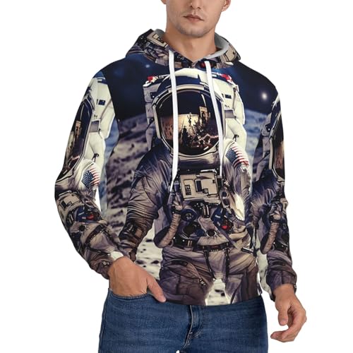 Men's Fleece Pullover Hoodie Long Sleeve Hooded US Astronaut Travel Moon Sweatshirt Casual Shirts With Pockets 4X-Large Black