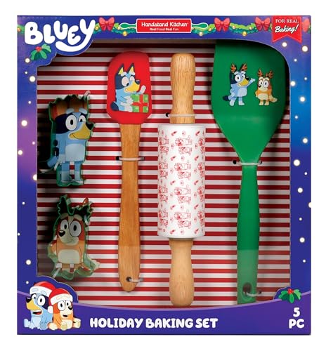 Handstand Kitchen Bluey Holiday Baking Set with Bluey and Bingo Cookie Cutters, Rolling Pin, Spatula and Flipper