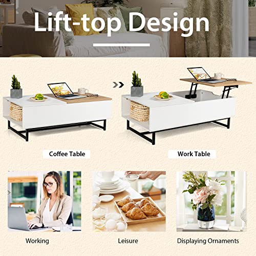 Costway Lift Top Coffee Table With Hidden Storage Compartment, Wooden Rectangular Central Table With Metal Frame & Side Open Shelf, Lifting Tabletop Accent Table For Living Room Reception Room (White) #TOP4