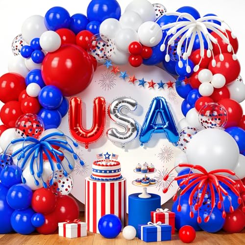 152pcs Red White and Blue Balloons Garland Arch Kit 4th of July Balloons Patriotic Decorations Birthday Wedding Nautical Baseball Patriotic Theme with Letter Foil Balloon