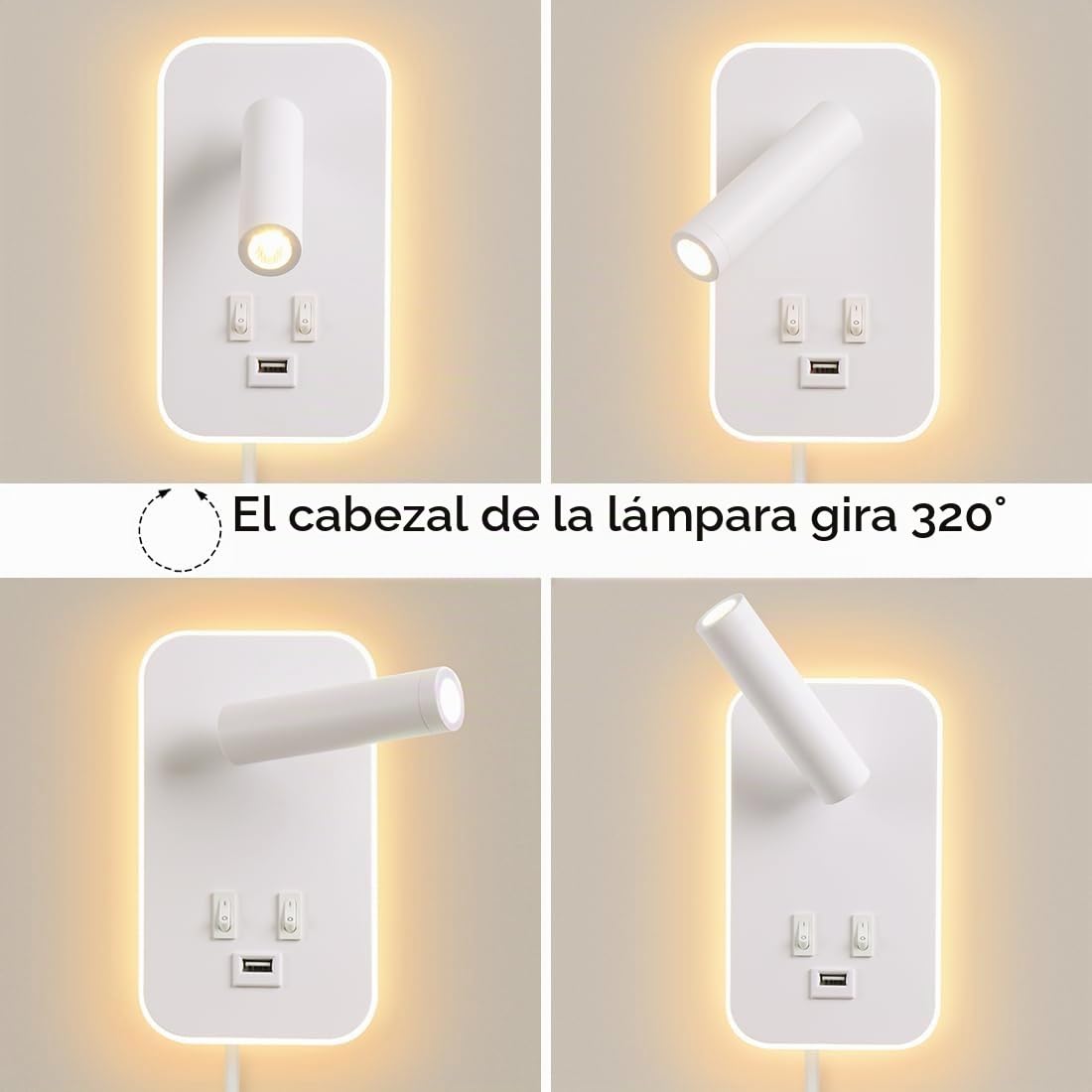 3W+9W LED Lámpara De Lectura Blanco Luz De Lectura Con Interruptor Apliques Para Lectura En Interior Iluminación de Pared puerto de carga USB Para Giratoria Lámpara De Dormitorio,Con Enchufe