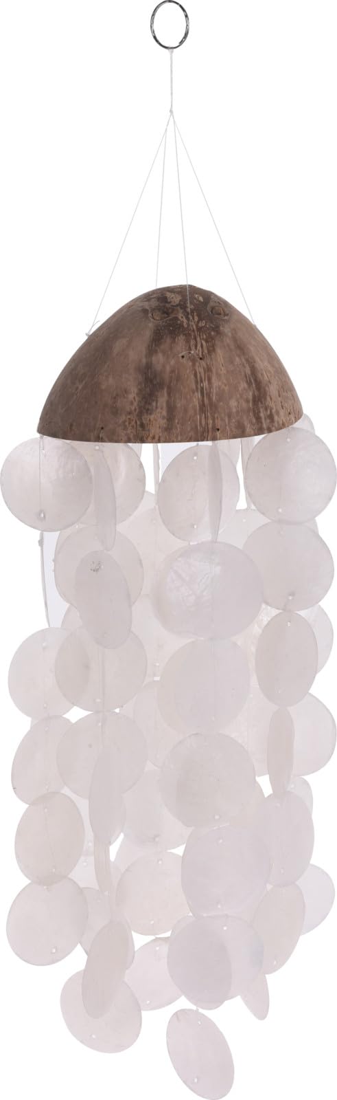MIJOMA Capiz Shell Wind Chime for Indoor Outdoor Use - Handmade, Wind Chime with Shells, Garden Decoration, Gift for Patio Garden - 45 cm, Diameter 13-14 cm, Wood Coconut (White - Capiz Round)