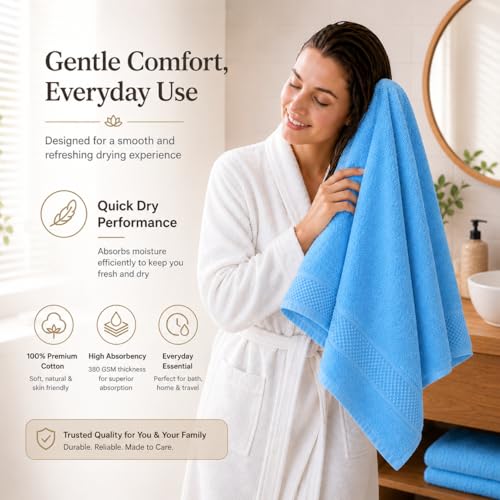 Image of 100% Pure Cotton Bath Towel for Men & Women | 380 GSM Ultra Soft, Highly Absorbent & Quick Dry Bath Towel | Large 55 x 28 Inch Matty Terry Towel for Bathroom, Gym, Travel & Daily Use | Light Blue