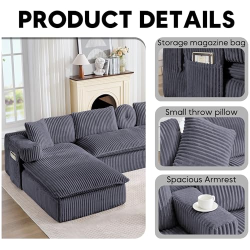 Image of Oversized Cloud Boneless Couch with Chaise, 149 inch Modern U Shape Modular Deep Seat Sectional Sofa, Comfy Corduroy Upholstered Couches for Living Room, No Assembly Required, Dark Grey