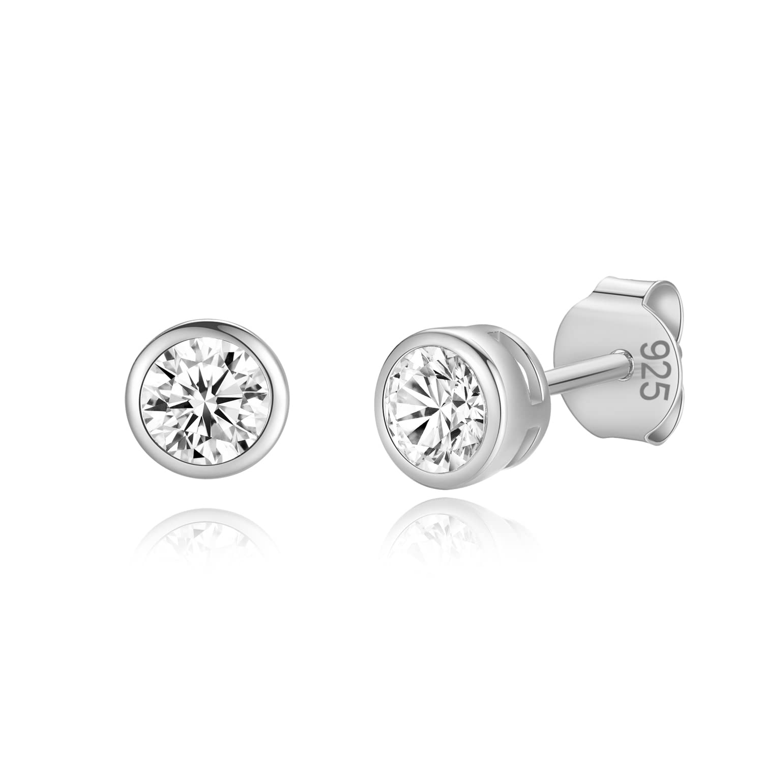 14K Gold Plated 925 Sterling Silver Cubic Zirconia Round Bezel Set Stud Earrings, 2mm to 4mm Stone