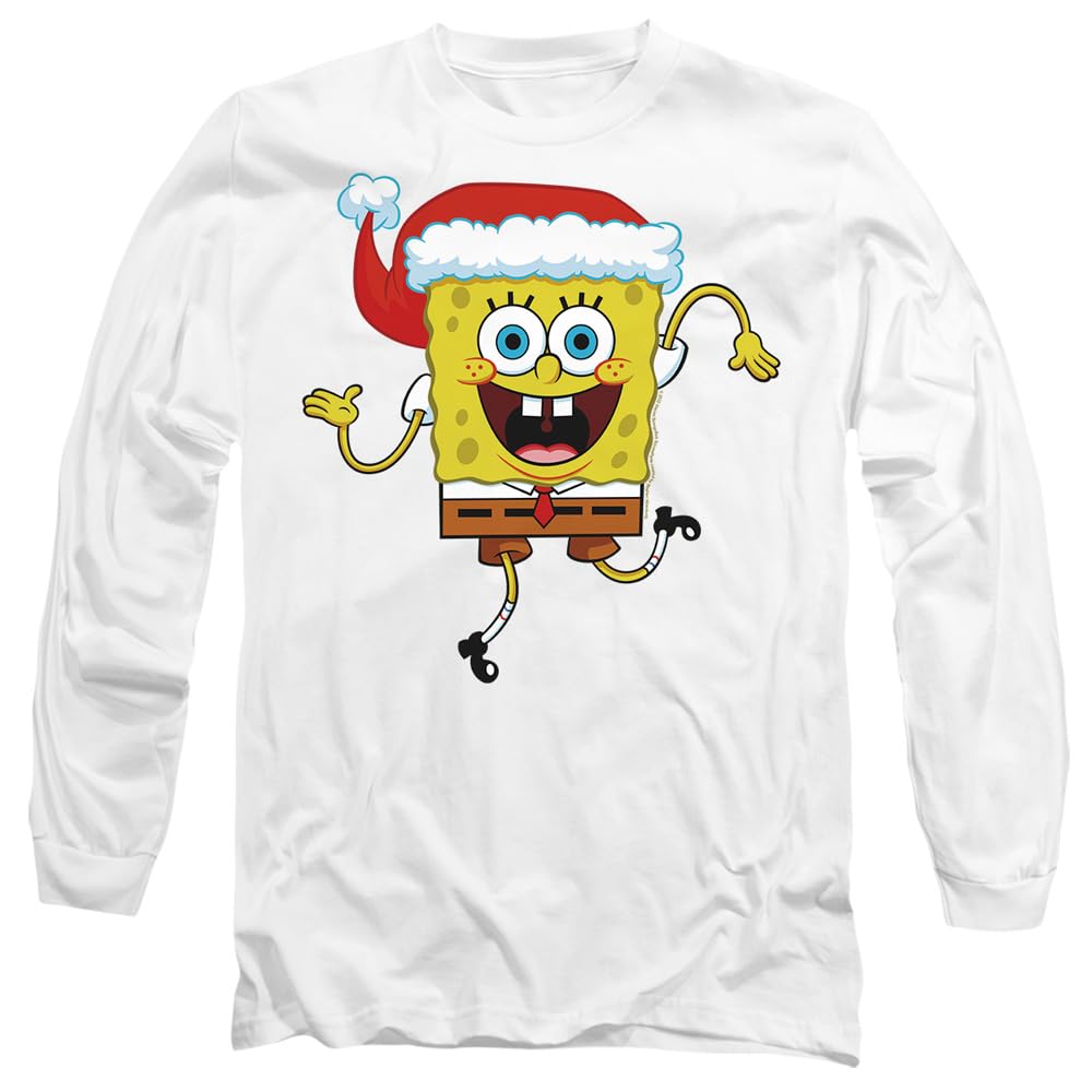 Spongebob Squarepants Christmas Santa Hat Mens Long Sleeve T Shirt, White, Medium
