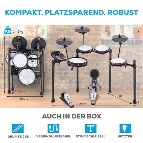 Alesis Nitro Max Kit – Kompaktes E-Drum Set mit leisen Mesh-Pads, 10\ Dual-Zone Snare, Bluetooth, 440+ BFD-Sounds, Drumeo, USB MIDI, Fußmaschine