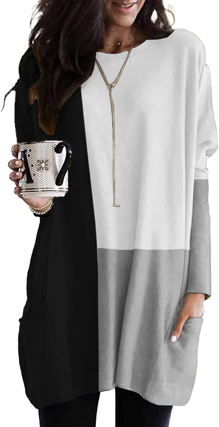 Nirovien Womens Casual Color Block Tunic Tops Round Neck Sweatshirt with Pockets Fall Tops for Leggings(Black,M)