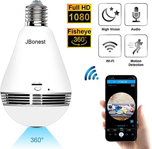 JBonest 1080P WiFi Camera Light Bulb Panoramic Camera with IR Motion Detection, Night Vision, Two-Way Audio, Cloud Service for Home, Office, Baby, Pet Monitor