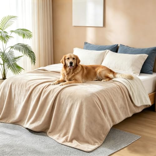 gogobunny Waterproof Blanket for Dogs and Cats, Reversible Flannel Double-Sided Furniture Protector for Couch Sofa Bed Against Spills & Pet Fur (50" x 60", Beige/Cream)