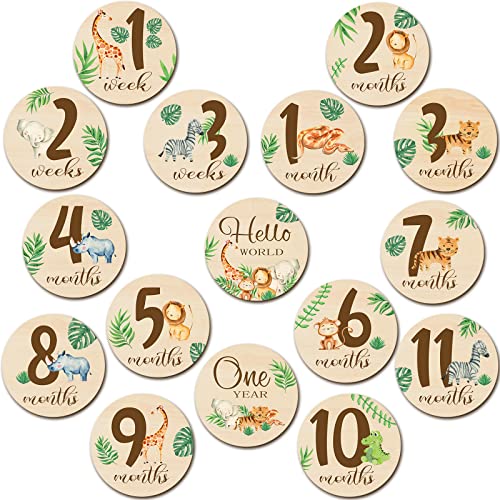Image of Tiamon 16 Pieces Wooden Baby Monthly Milestone Cards Monthly Milestone Marker Discs Double Sided Wooden Circles Months Signs for Baby Shower Newborn Photo Props (Jungle Animal)