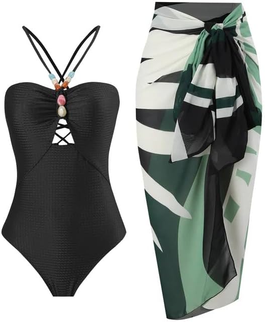 Stylish Premium Women's One Piece Swimsuit with Cover Ups Wrap Skirt Sarong Retro Floral Print Monokini Tummy Control Swimwear, Printed Swimming Costume for Women Beach Wear