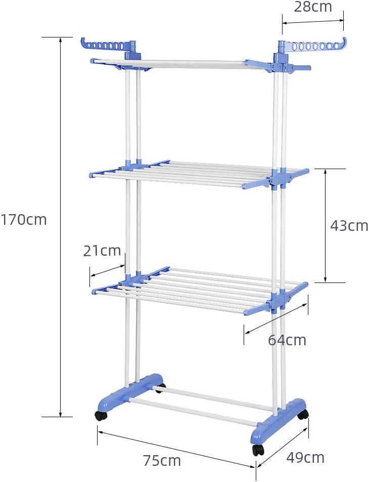 XXL Space Saving Vertical Clothes Drying Rack with 3 Levels & 2 Foldable Side Wings Indoor/Outdoor Laundry Drying Stand 75 * 64 * 170 cm (Blue & White)