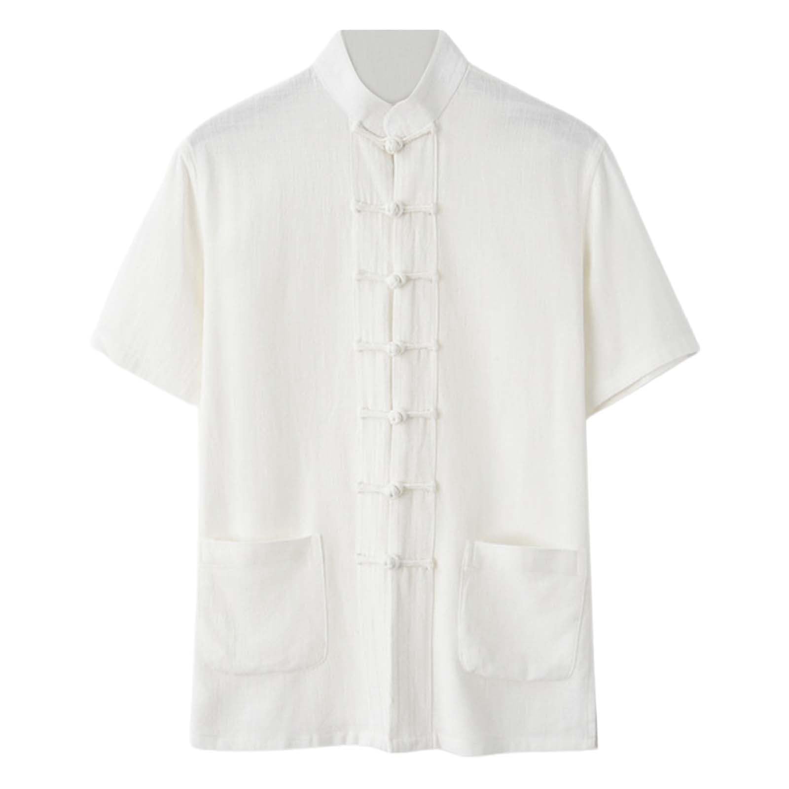 Tai Chi Shirt Men's Tang Suit Chinese Style Linen Shirt Short Sleeve Cotton Shirts with Pockets Plain Traditional Martial Arts Clothing Breathable Kung Fu Top Summer Hanfu, O White, XXXXXL