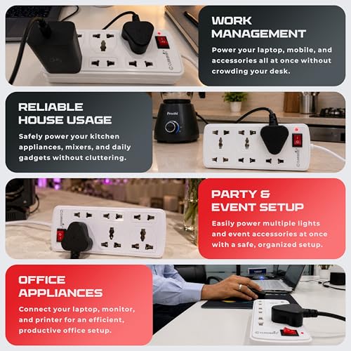 Image of Primo 6 Foot 6-Socket Extension Board - 10A 240V with Wall Hanging | Heavy Duty Copper Cord Power Strip, Multi Plug Extension Box & Spike Guard