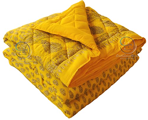 Image of Jaipuri Razai Single Bed Gold Print with Computerized Quilting Use as Soft and Breathable Cotton Comforter Quilt Rajai Blanket Dohar Size 55X85 inch Yellow Pack of 1