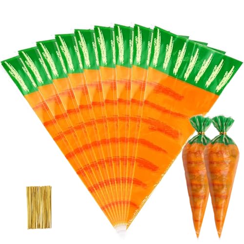 50 Piezas Bolsas de Cucuruchos para Chuches Zanahoria Bolsas de Conos, Bolsa Cono Chuches Bolsas Pascua con Lazos Torsión, Zanahoria Bolsa de Cono para Chuche para Fiesta de Pascua Boda (A50)