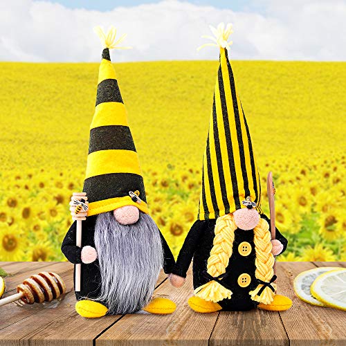 Bumble Bee Gnome Decor, 2 Pack Handmade Bumble Plush Faceless Doll Ornaments World Bee Day Scandinavian Swedish Spring Decoration Home Farmhouse Kitchen Decor (Style C)
