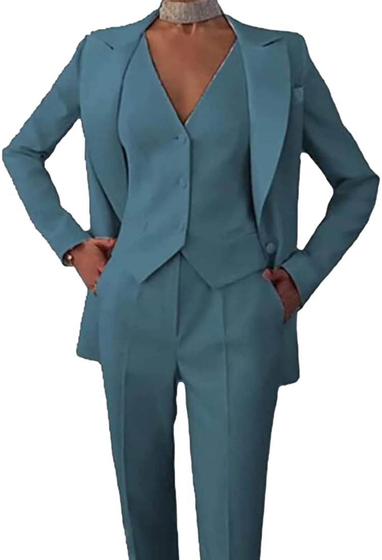 Leader Of The Beauty Women's Teal 3-Piece Office Lady Suit Blazer, Vest & Pants