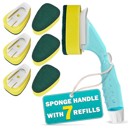 Dish Sponge with Handle – High-Density Absorbent Dish Washing Brush with Handle for Quick & Easy Dishwashing – Non-Scratched Cellulose, Leak-Proof Design for No-Mess Soap Application & Comfortable Use