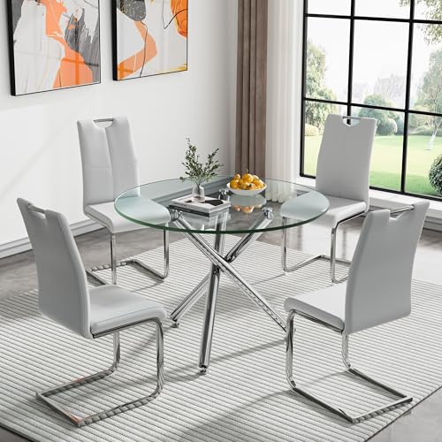 Maxtude Round Glass Dining Table Set for 4, Modern 36" Dining Room Table Set for 4, Silver Glass Kitchen Table with 4pcs White Dining Chairs, 5 Piece Dining Set for Kitchen Living Room