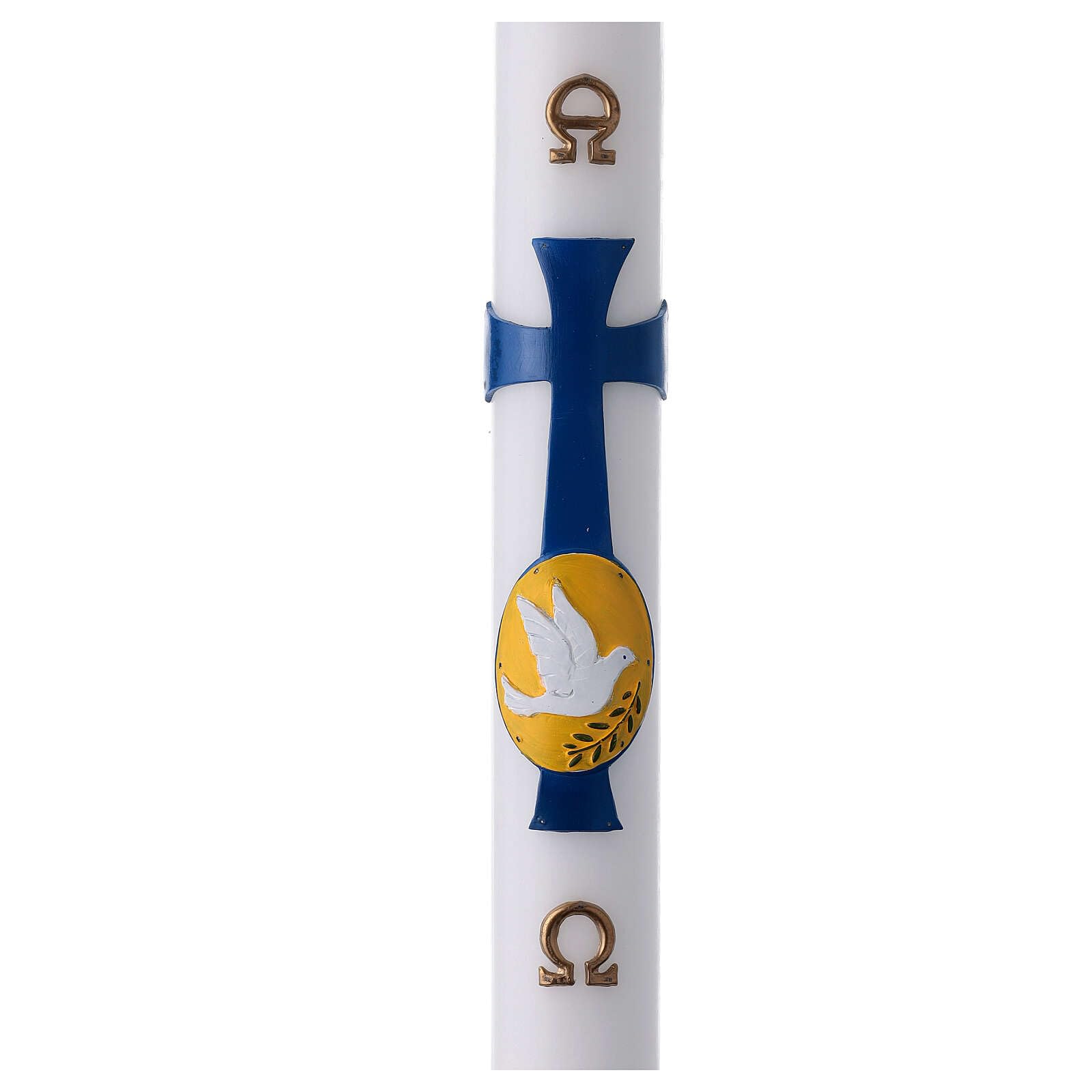 White Pascal Candle, Dove Over a Blue Cross, 3x47 in